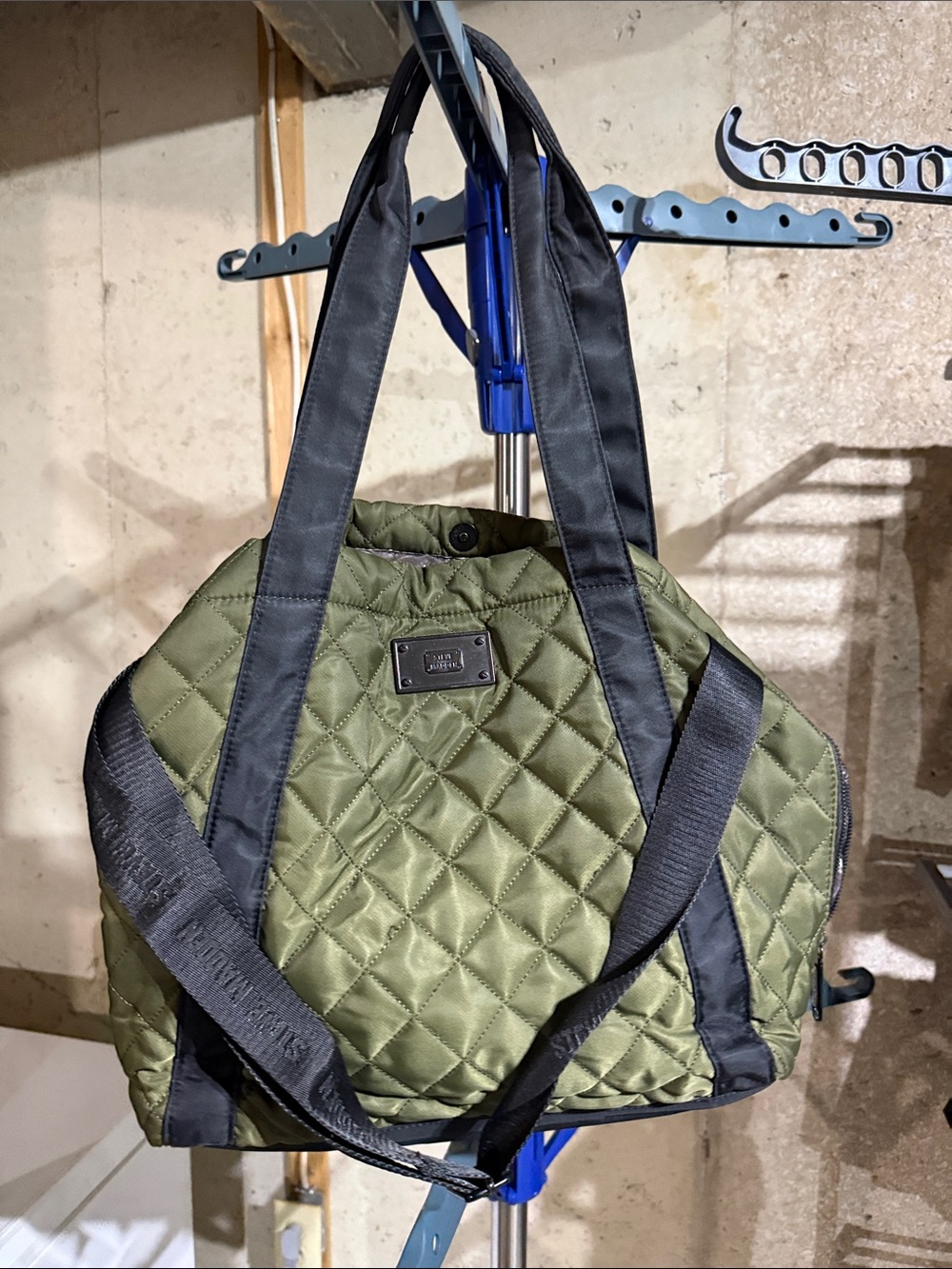 Quilted Olive Green Steve Madden Tote Bag with Black Straps